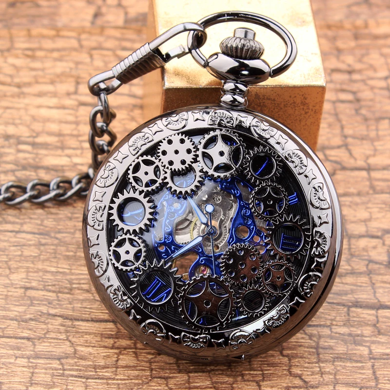 Vintage Steampunk Gears Hollow Bronze Mechanical Pocket Watch Hand Wind Skeleton Necklace Clock Men Womens Gifts