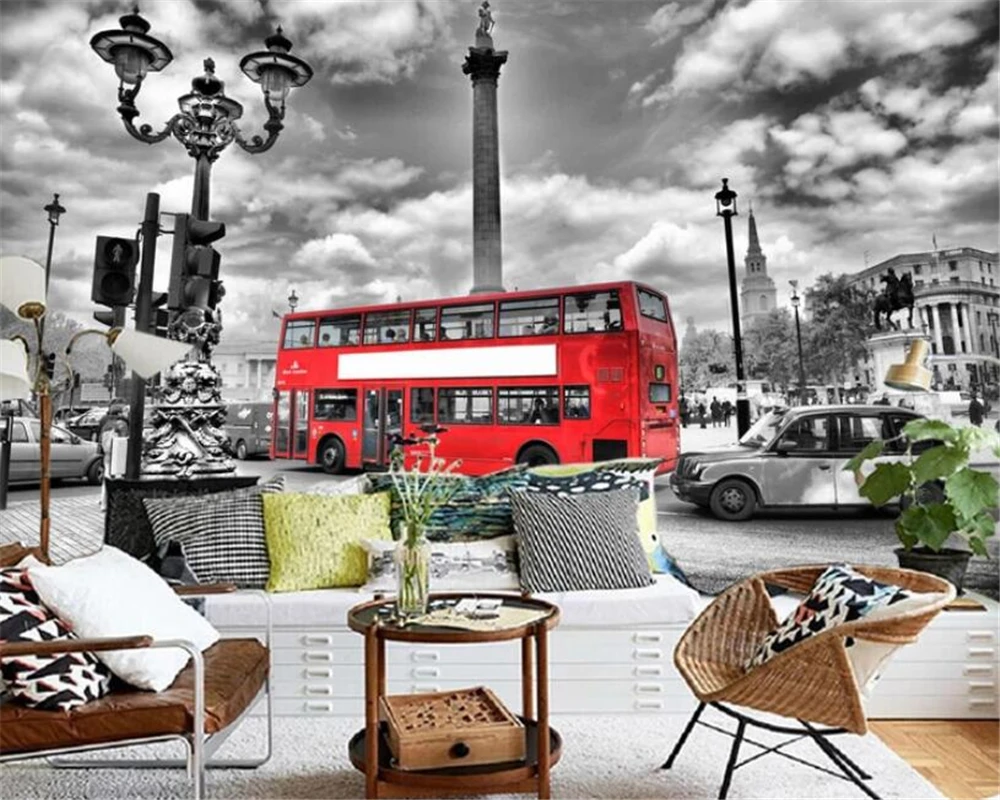 Custom size wallpaper HD Black and white Street view Red bus background Wall Painter House decoration 3d wallpaper photo mural