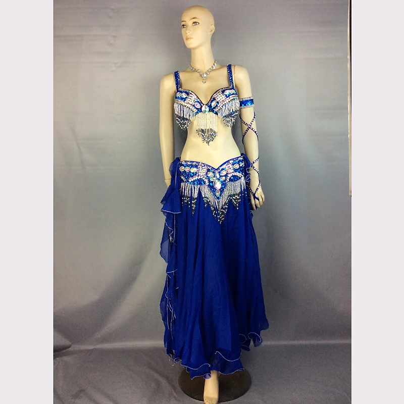 High Quality Belly Dance Costume Wear Stage Performance 5-piece Suit Beaded Sequins Bra Belt Skirt Set Belly Dancing Skirt Dress