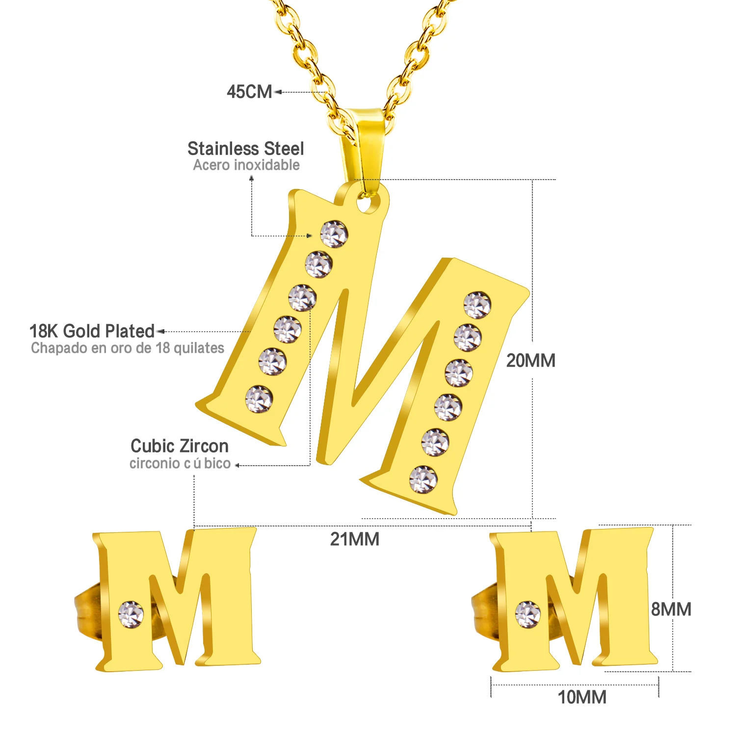 LUXUKISSKIDS Vintage Stainless Steel M Letter Jewelry Set Classic Alphabet with Crystal Golden Pendant Necklace and Earrings