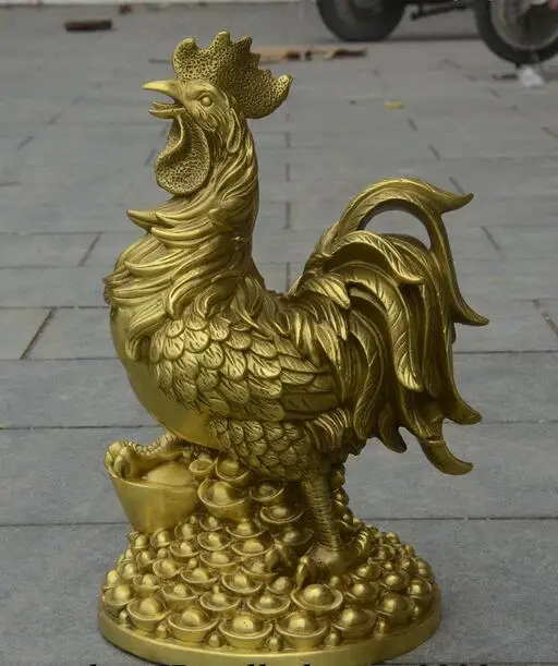 China Folk FengShui Brass Cock Rooster Chicken Stand Wealth Money YuanBao Statue