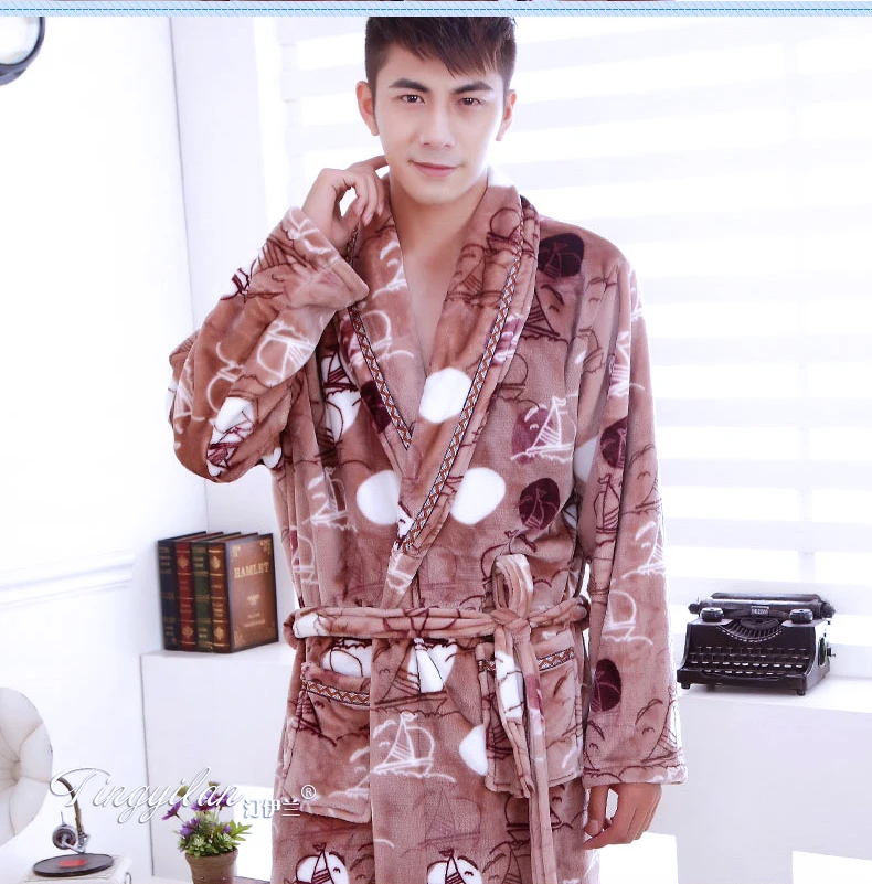 Men's Coral Fleece Pajamas Male Thickened Flannel Bathrobe Long-sleeve Adult Bathrobe Coral Fleece Sleepwear Leisure D-2095