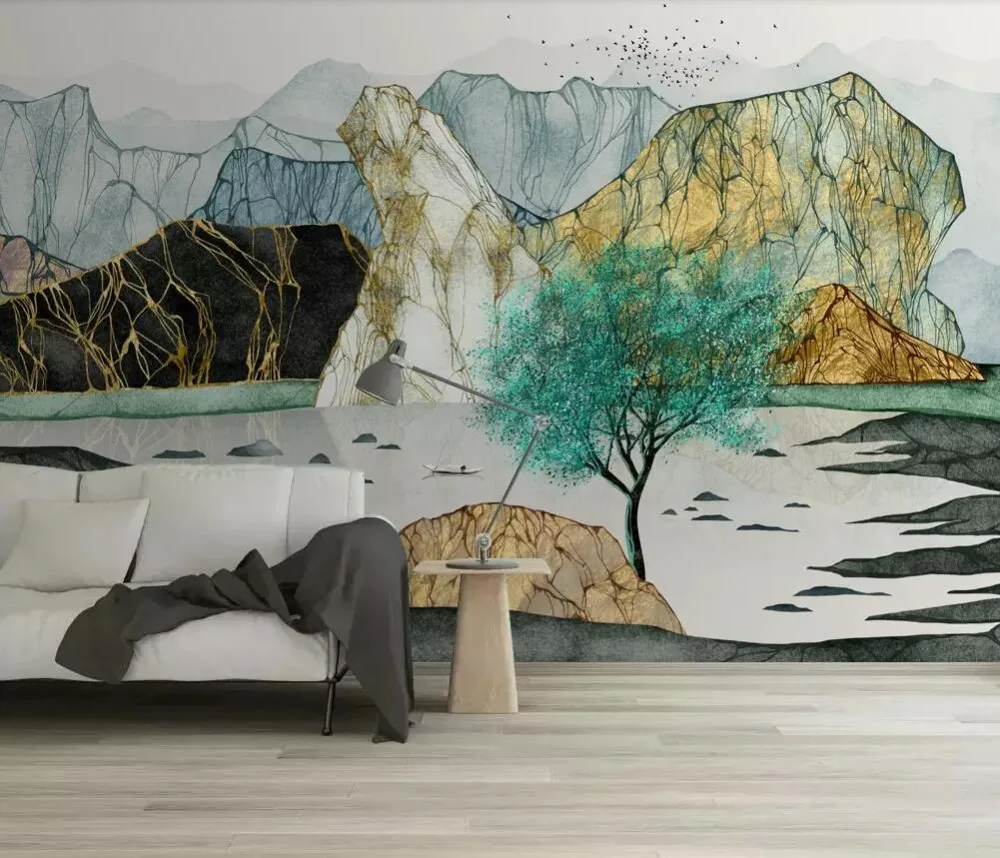 Nieuwe Chinese Moderne Zen Licht Luxe Abstracte Inkt Landschap Achtergrond Muurschildering