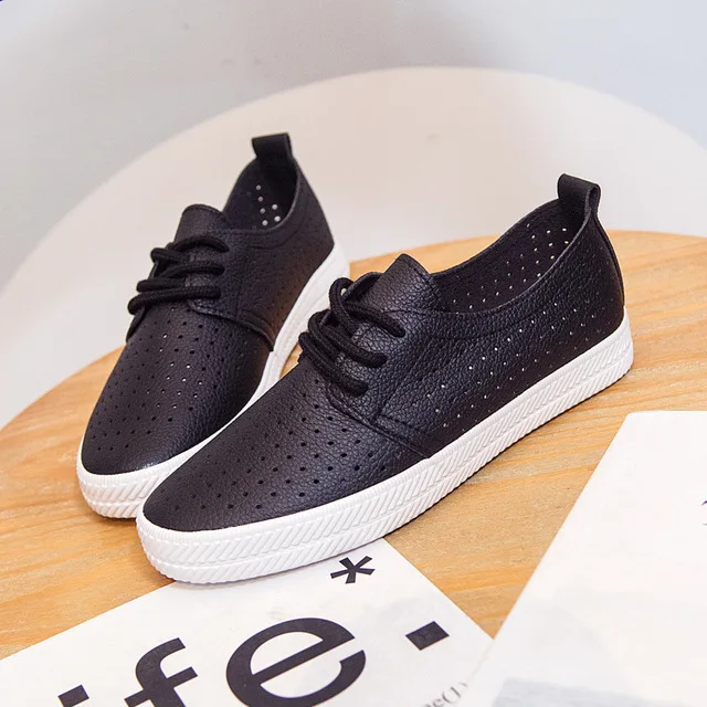 White Shoes Women Sneakers Summer 2022 Spring Breathable Holes Solid Color Female Black Shoes Leather Chaussure Femme Flat Heel