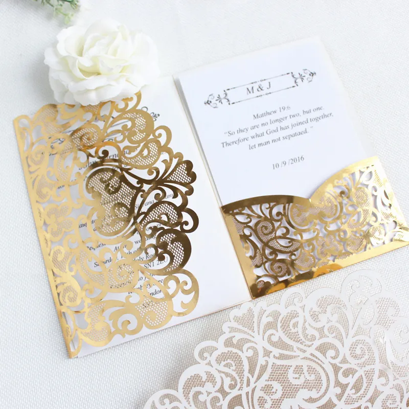 

Metallic Gold Laser Cut Wedding Invitation Card Tri-folding Pocket Customized Printing RSVP Envelop 50 Sets