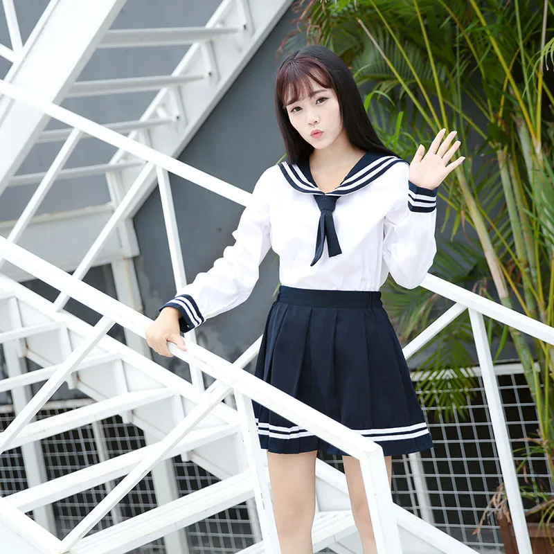 High-quality JK uniform Japanese Sailor Suit Girl School uniform Kansai Collar Student Short-sleeve Pleated skirt suit Navy blue