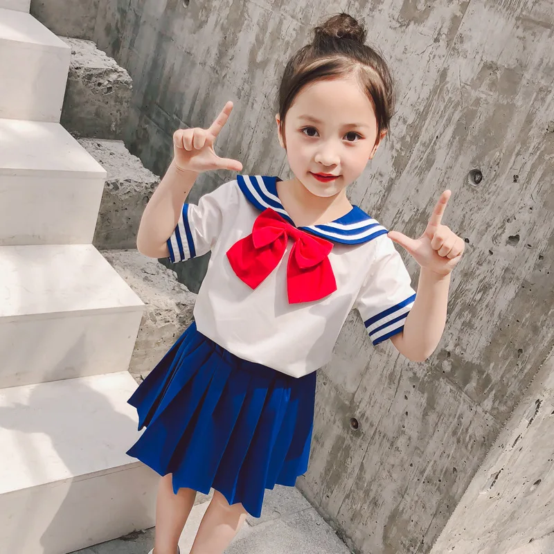 High quality fashion girls/boys Professional school Blue and white short sleeves school uniforms costume Leotard Girls