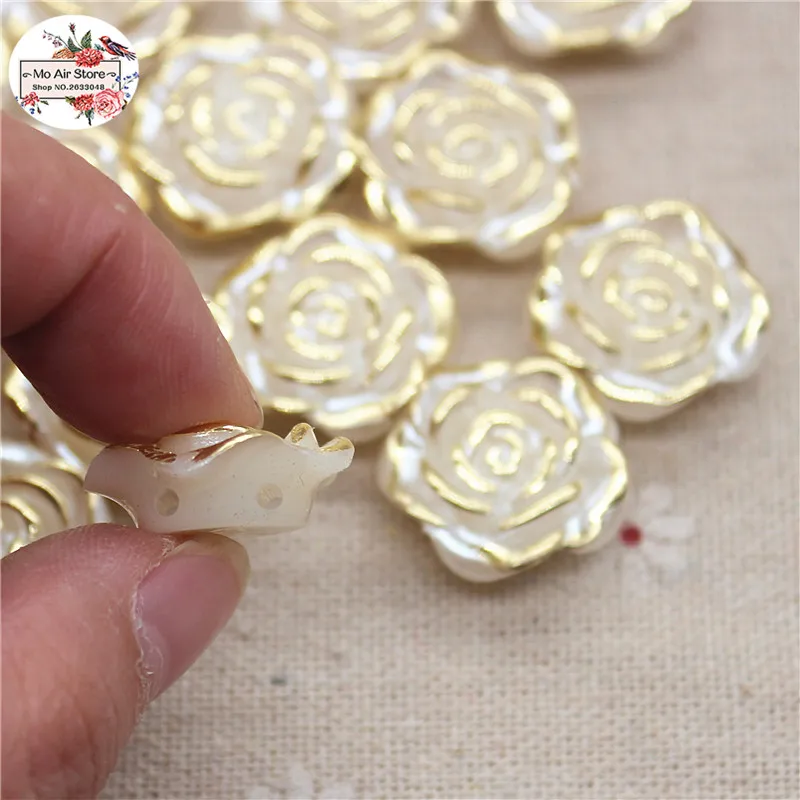 30pcs/lot 18mm ivory golden flower pearl Beads ABS Resin Flatback Simulated pearl Beads DIY beads double hole