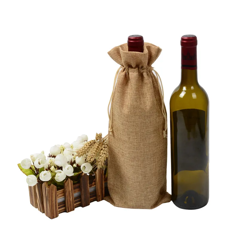 

Rustic Wedding Jute Wine Gift Bags Stamping Burlap Gift Package Bag Wine Bottle Covers Wedding Party Favor Bags 15x35cm 10pcs