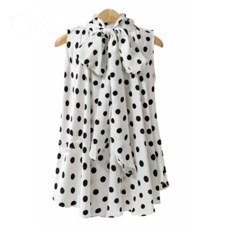 2023 Summer Women Sleeveless Blouse Oversized Tops Polka Dot Female Shirts Turtleneck Tie Bow Loose Chiffon Blause KE71