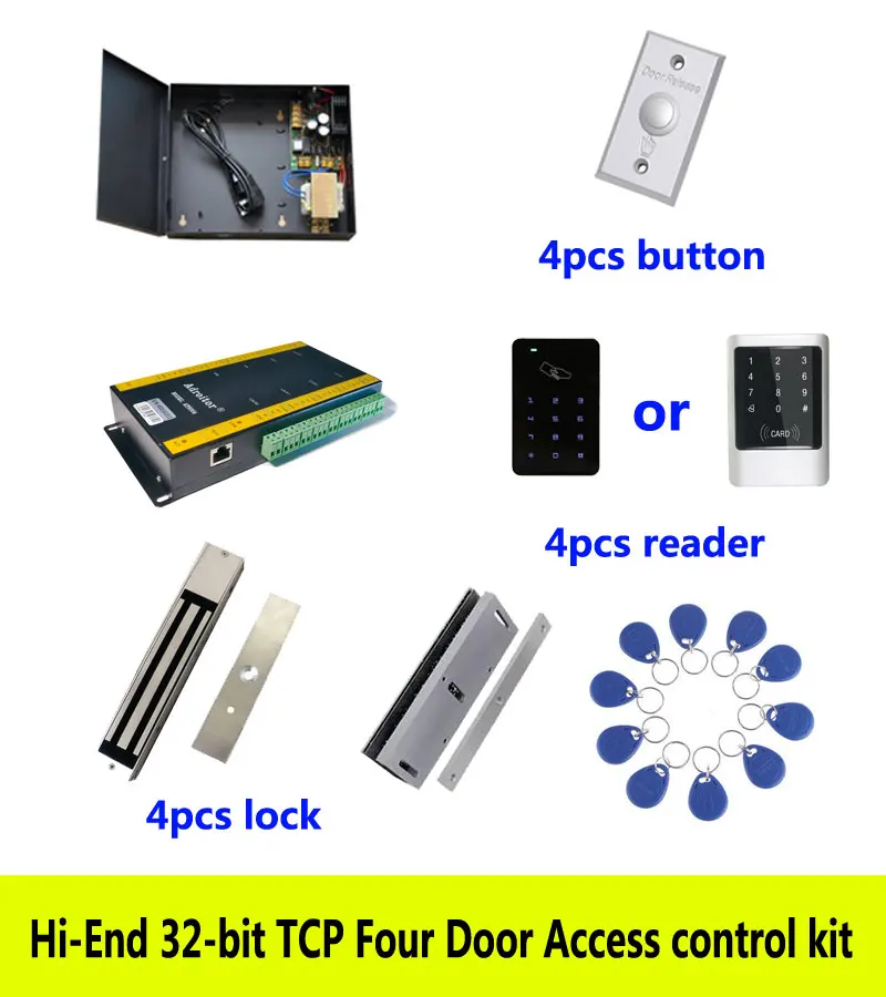 

Высококачественный комплект контроля доступа, четырехдверный TCP + питание + Магнитный замок 280 кг + U-образный кронштейн + считыватель ID сенсорной клавиатуры + кнопка + 10 идентификационных ярлыков, Sn: Фотоэлементы