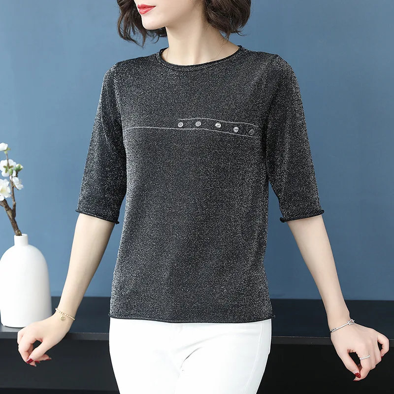 

Summer Women's Knitted T-shirt Button Half Sleeve Round Collar Pure Color Top Female Casual Fashion Comfortable T-shirts H9331