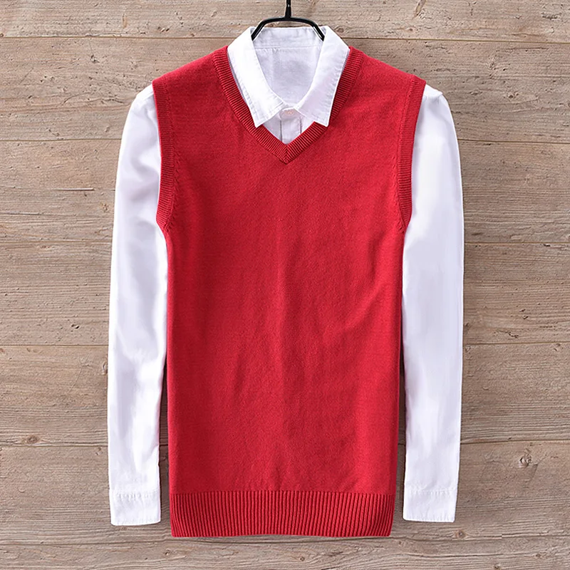 

New brand sleeveless cotton sweater men v-neck solid red sweaters male slim leisure fashion sweater mens dropshipping chandail