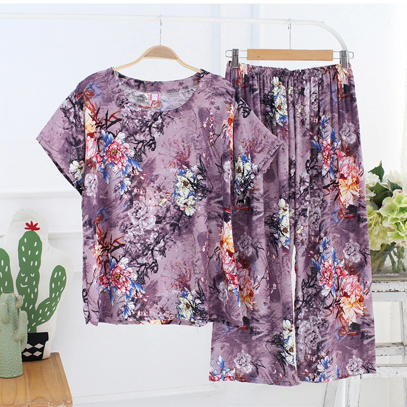 New Female Pajamas Set Sleepwear Women Cotton Linen Print Flower Pyjamas Summer Casual Loose Nightwear Home Wear