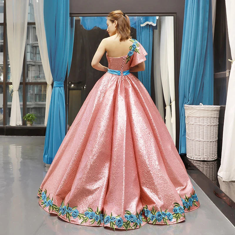 J66738 Jancember Pink Dresses Quinceanera 2020 One Shoulder Short Sleeve Applique Ruffle Prom Ball Gowns