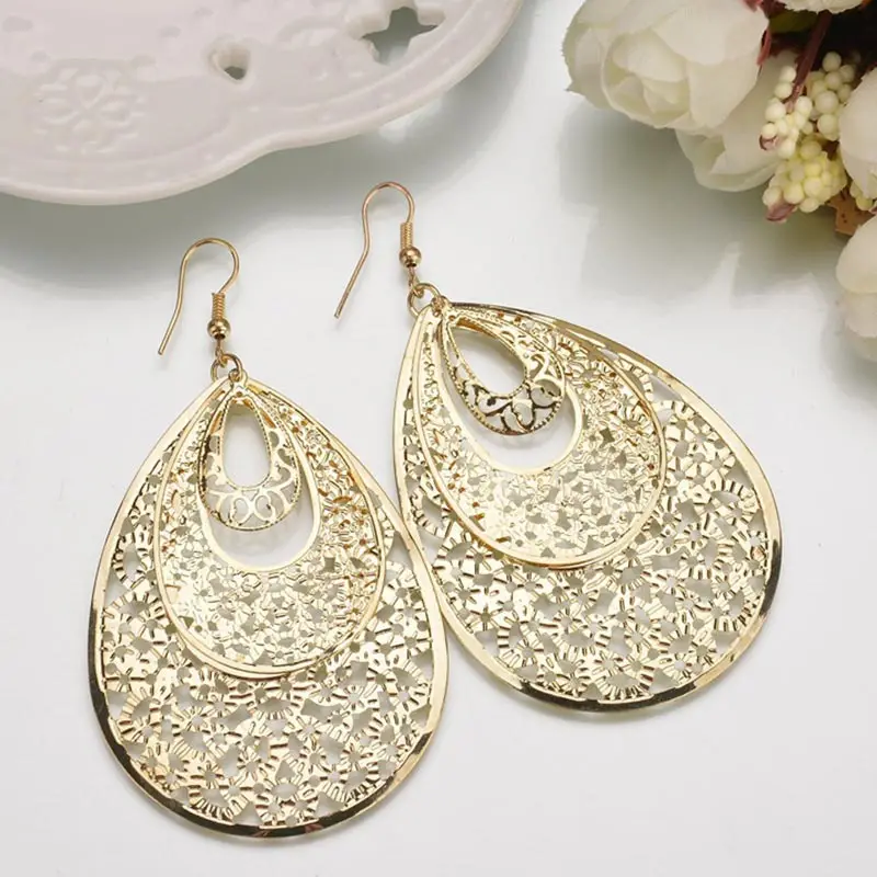 New Exaggerated Metal Big Circle Multi-Level Fashion Retro Round Boho Style Hollow Ladies Earrings