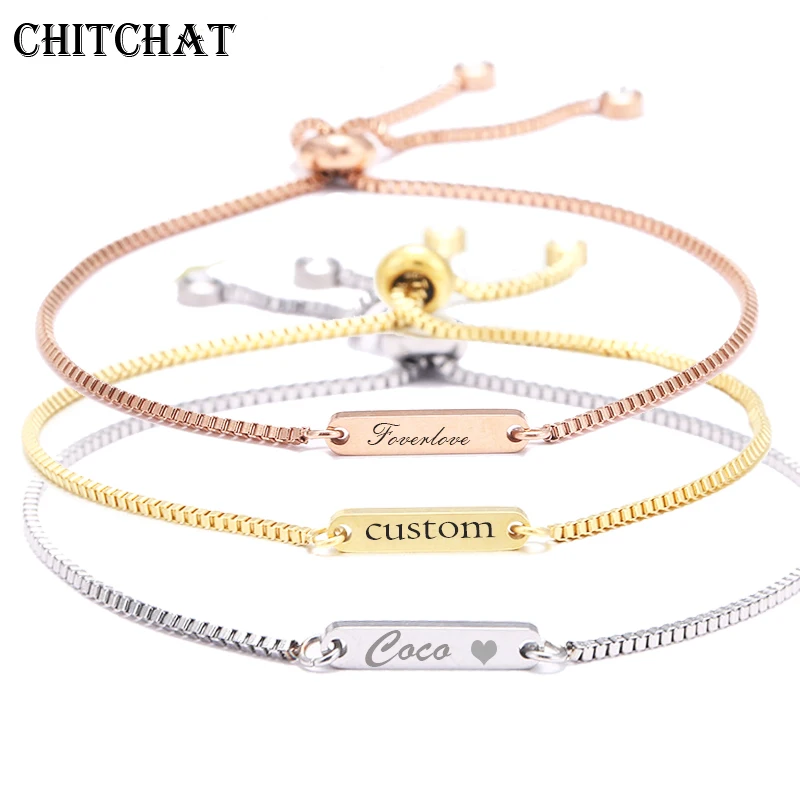 

Customized Personalize Bar Bracelets Stainless Steel Engraved Name Date Adjustable Bangles 3-Tone Jewelry For Woman Kids Gifts