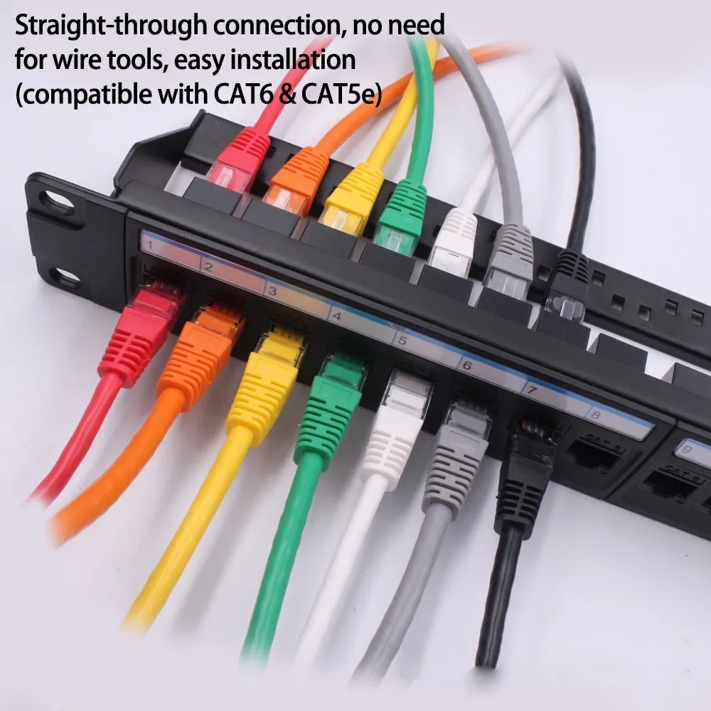 New 19in 1U Rack 24 Port Straight-through CAT6A Patch Panel RJ45 Network Cable Adapter Keystone Jack Ethernet Distribution Frame