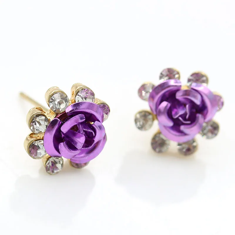 New Fashion Gold Color Rhinestones Earrings For Women Heart-shaped Crystal Red Rose Flower Stud Earrings Valentine\'s Day Gift