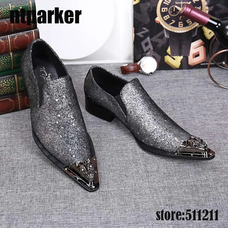 ntparker Grey Shinning Rhinestones Men's Dress Shoes Genuine Leather Pointed Metal Toe Party POP Shoes Men, EU38-46!