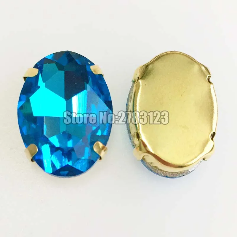 New product! Golden base lake blue oval shape AAA Glass Crystal sew on rhinestones with holes for diy Clothing accessories