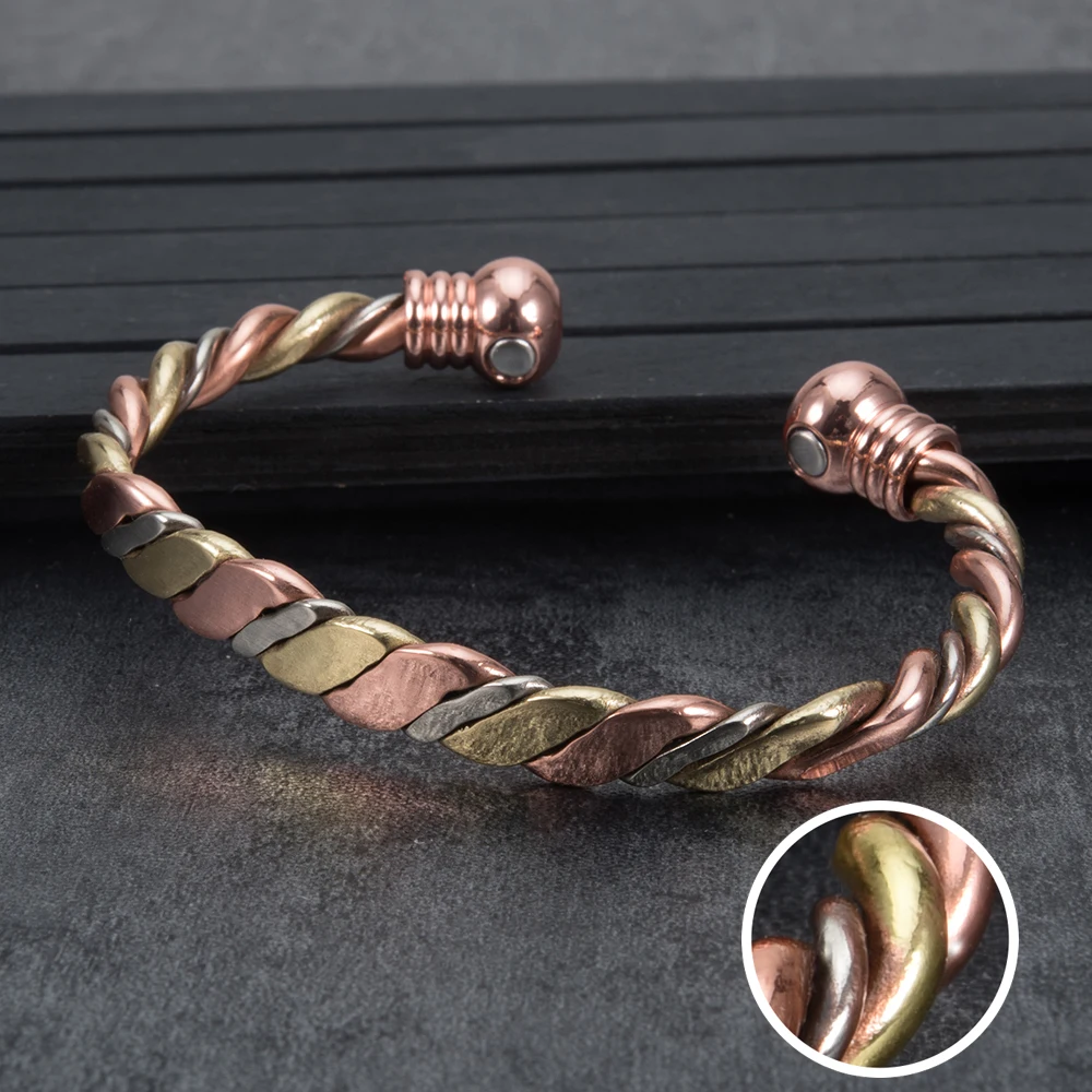 Vinterly Magnetic Bracelet Pure Copper Ball Rose Gold-color Open Cuff Adjustable Bangles for Women Twisted High Magnet Jewelry