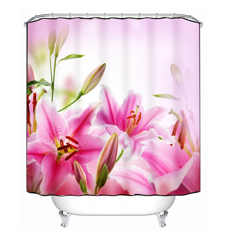 3D shower curtain beautiful pink flower pattern Polyester Fabric Waterproof Shower Curtain Eco-Friendly Bathroom Curtain Home