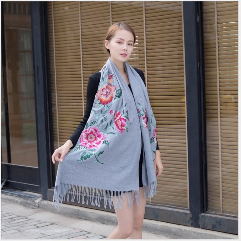 النساء التطريز الكشمير وشاح الشتاء شرابة الأزهار الباشمينا الحجاب الزهور الأوشحة السميكة طويلة الدافئة شالات المرأة الأوشحة الدافئة #6