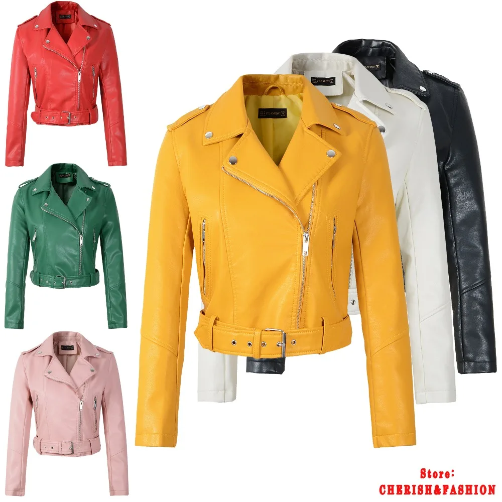 Blouson en cuir jaune pour femme, slim, de marque, automne et hiver, pour moto