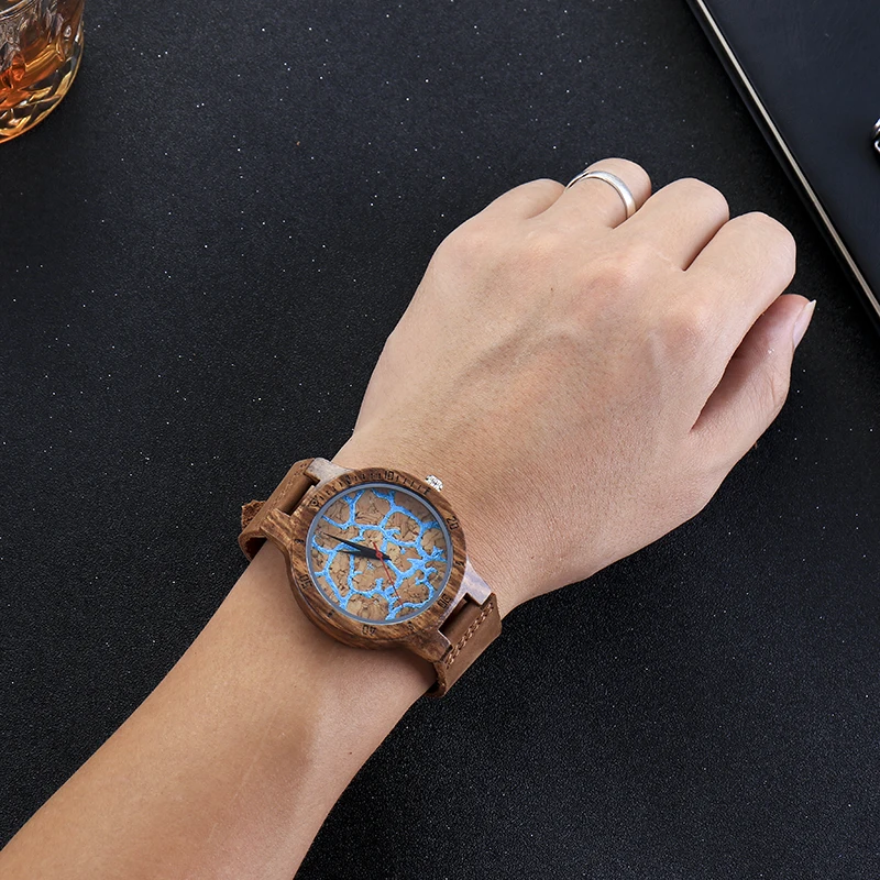 Fashion Wooden Watches Blue Sea Creative Cracked Face Design Quartz Wrist Watch Men Women bayan kol saati  Relogio Masculino