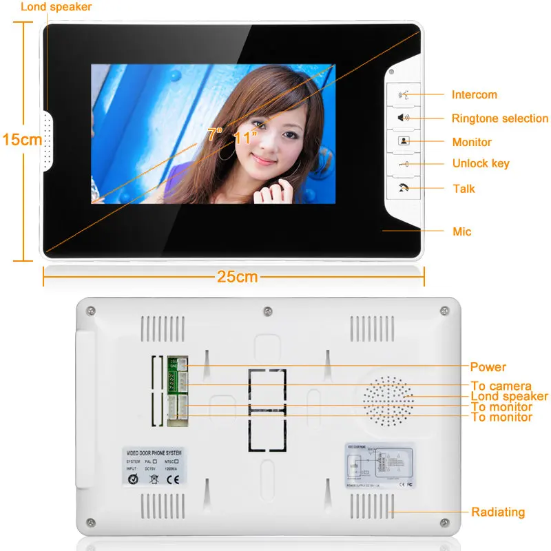 7" color TFT LCD  Video Door Phone Doorbell Intercom Kit 2-Camera 1-Monitor Night Vision Electric Lock