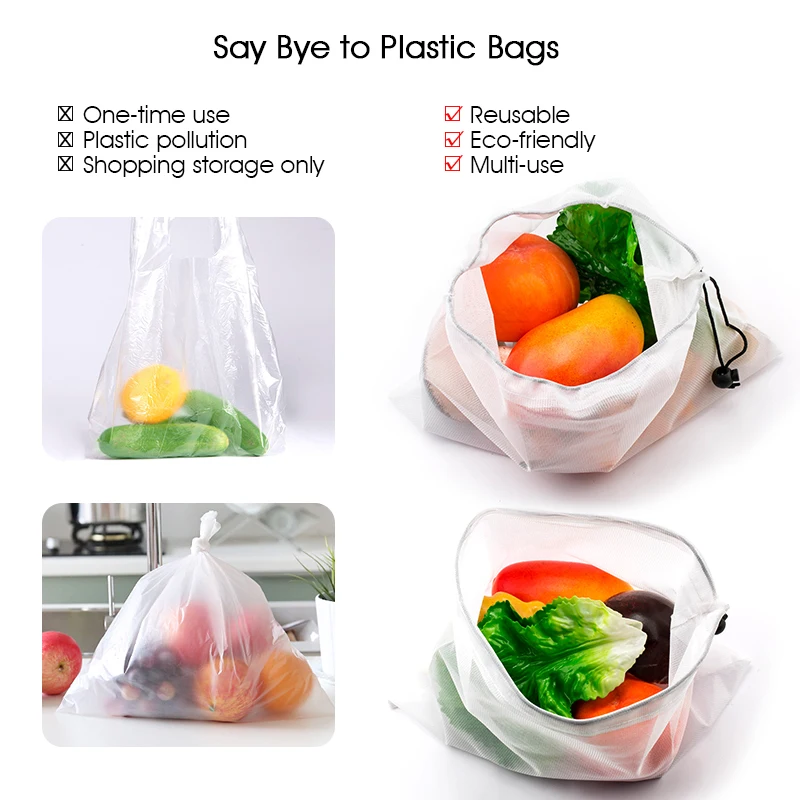 12pcs Reusable Rope Mesh Produce Bags Washable Bags For Grocery Shopping Storage Fruit Vegetable Toys Sundries Organizer Storage