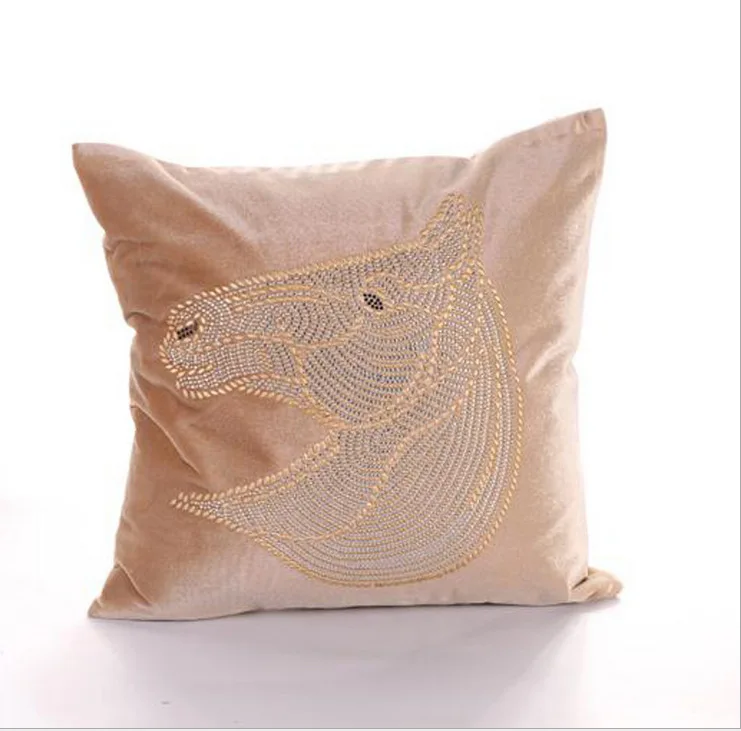 Big Horse Velvet Cushion Cover, Hot Fix, Rhinestone, Velvet Pillow, Bedding, Car, Sofa, Home, Room Decor, Wholesale, FG531