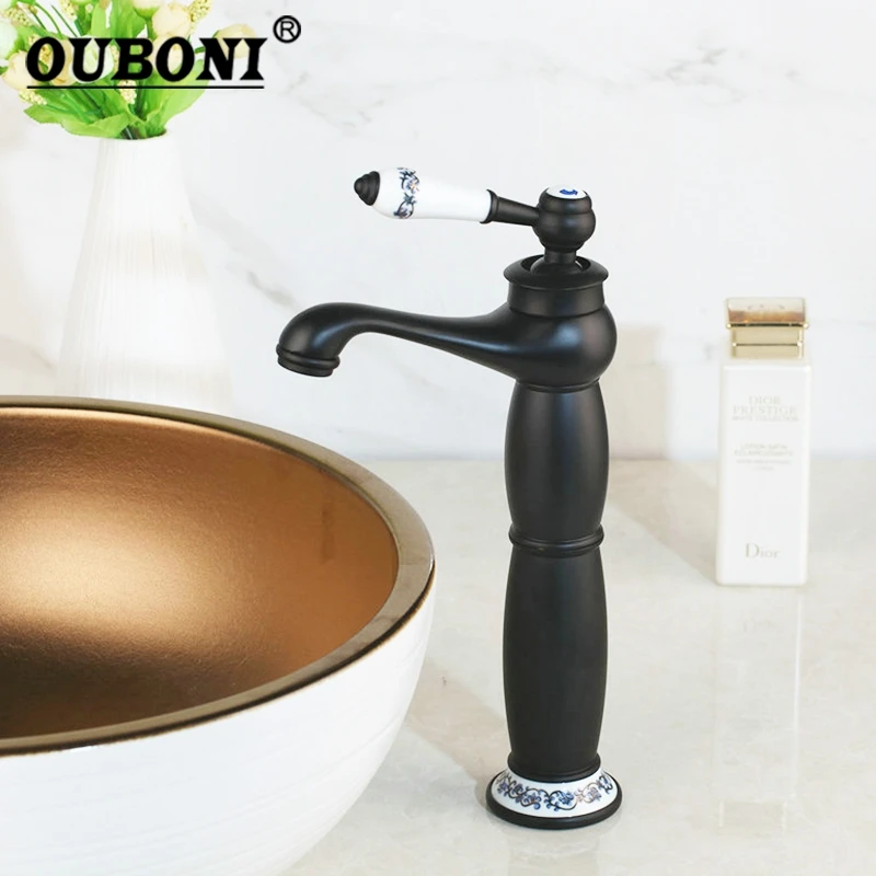 OUBONI Black Ceramic Handle Basin Tap Faucets Bathroom Oil Rubbed Black Bronze Deck Mount Sink Vanity Tap Mixer Faucet