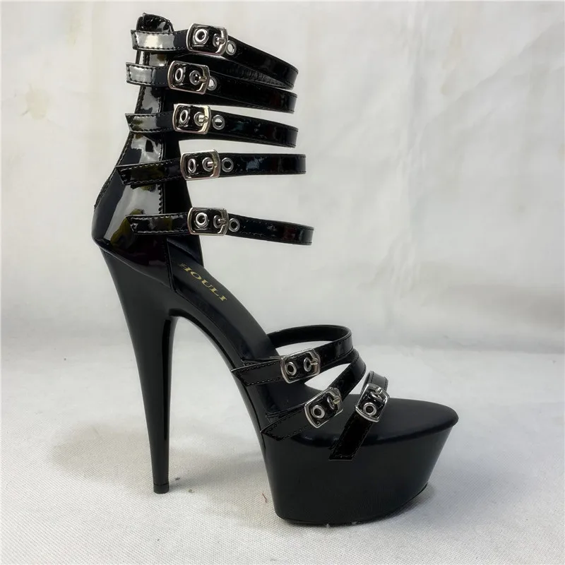 Black buckled summer heels, 15-centimeter pole dancing sandals, 6-inch dancer nightclub runway sandals