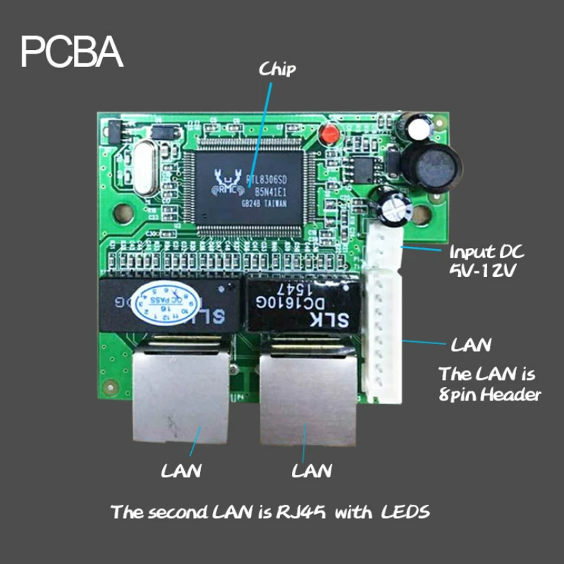 factory direct mini fast 10/100mbps 2 port ethernet network lan hub switch board two layer pcb 2 rj45 1*8pin head port