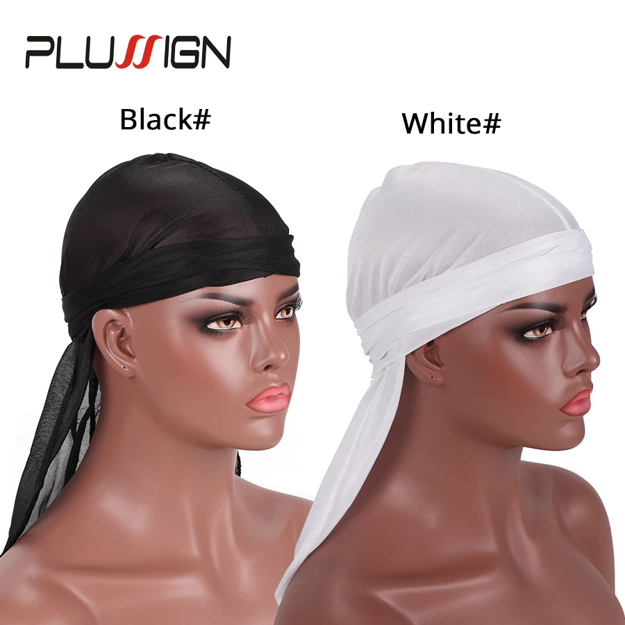 Plussign 실크 Durag 긴 꼬리 Durag 남녀공용 주름 없는 Du-Rag 100% 폴리에스터 화이트 블랙 Durag 스카프