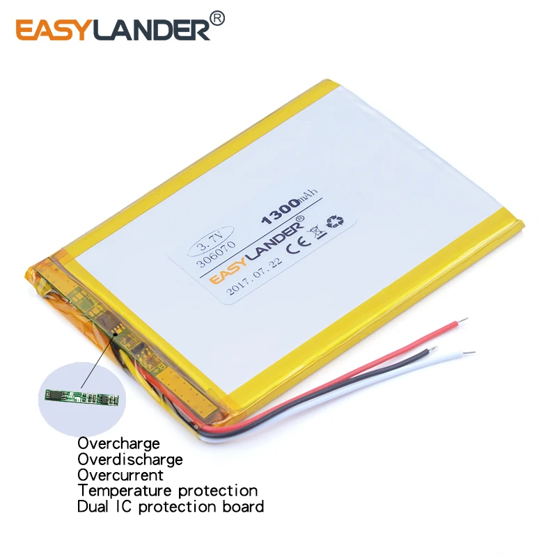 3-wire 306070 3.7V 1300mAh Rechargeable li Polymer Battery For PSP GPS DVR E-Book Tablet PC Power Bank Wexler Book E6005 406070