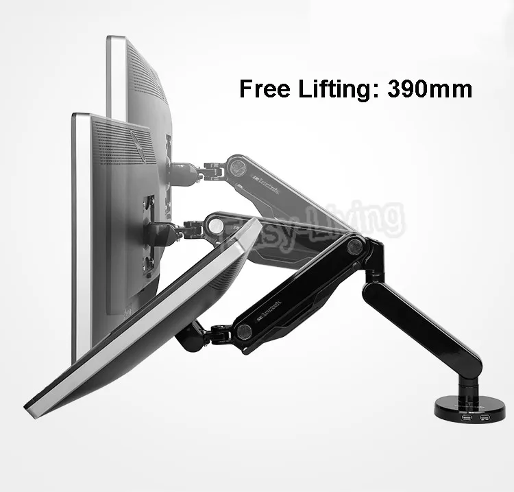 Q5D Gas Spring Desktop 10-27 inch Dual Monitor Holder Mount Arm Display Stand With 2 USB Port Loading 2-9kgs each Head