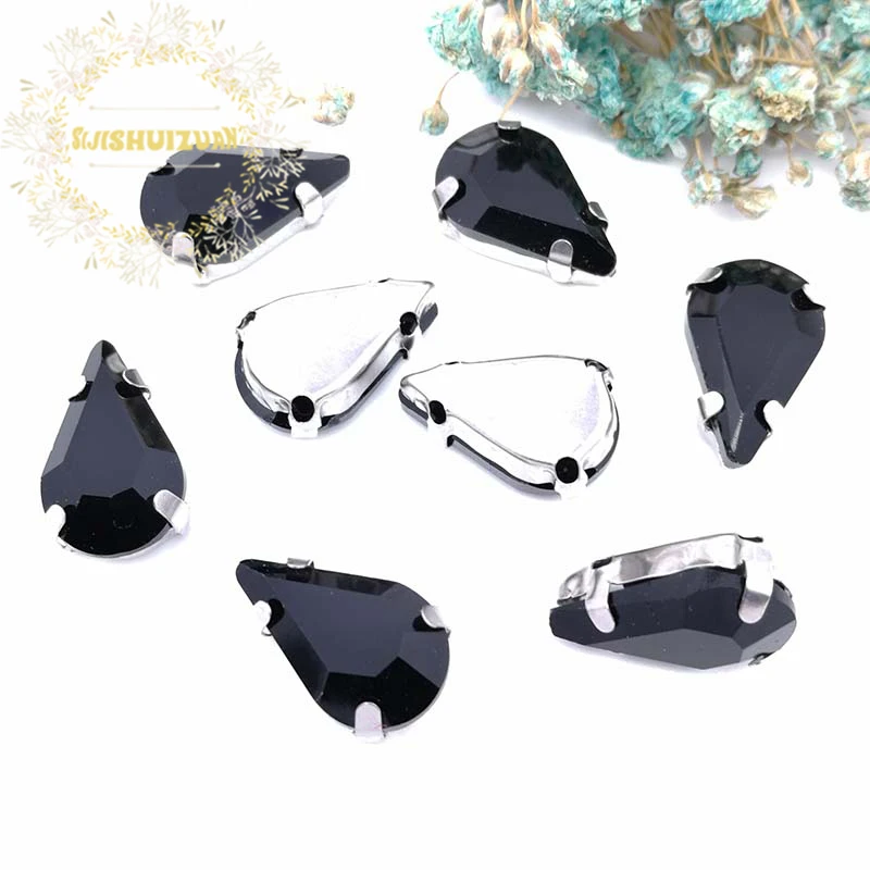 Classic Style Black Water Drop Shape Glass Crystal Sew On Rhinestones Diy Wedding Decoration 8x13mm 5x8mm 6x10mm