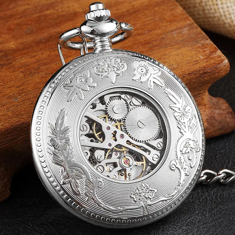 Silver Engraved Hand Wind Mechanical Pocket Watch For Men Women Vintage Steampunk Fob Skeleton Watch Male Roman Numerals Gift