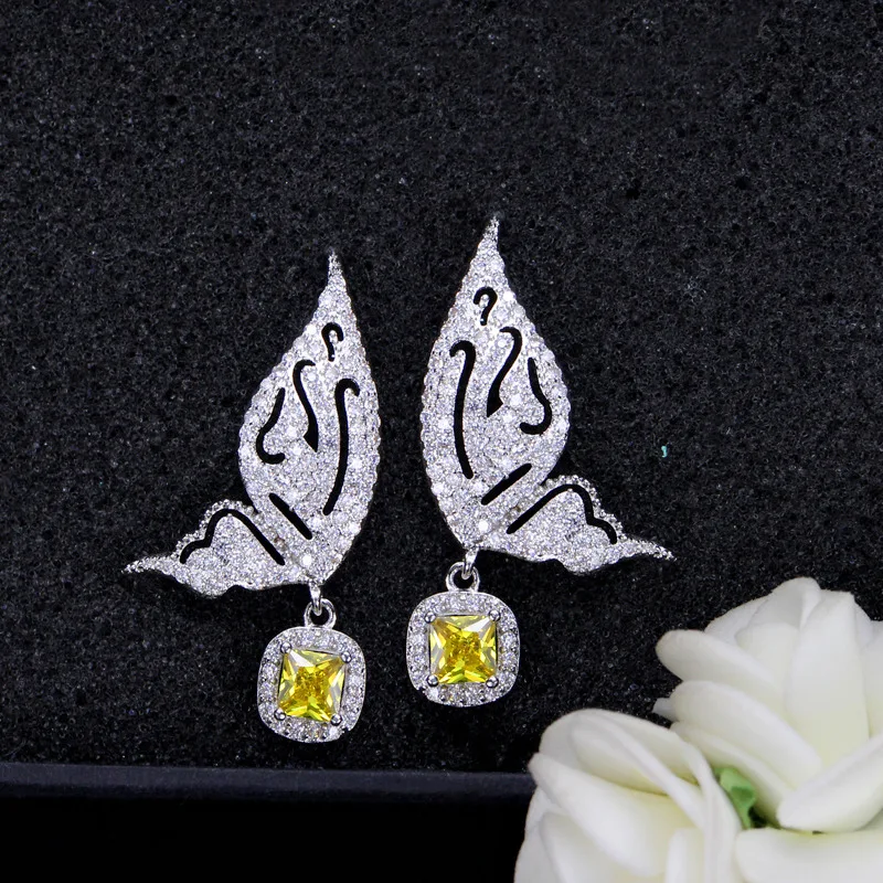 CWWZircons New Trendy Dangling Yellow Cubic Zirconia Pave Lovely Cute Fly Butterfly Shaped Drop Earrings for Women CZ191