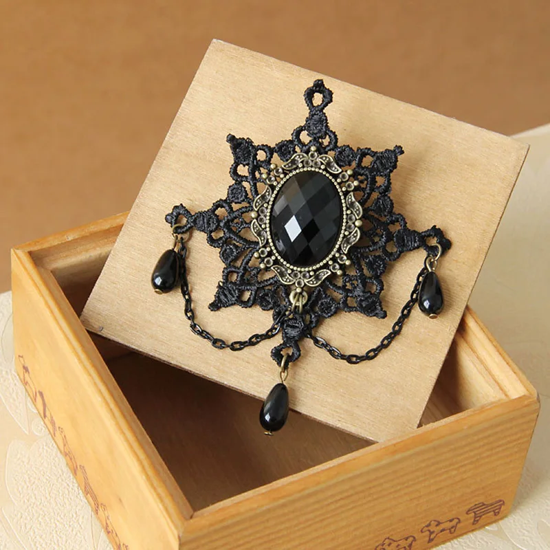 Black Lace Snowflake Beads Drop Stone Alloy Snow Flake Brooch Pin Breastpin Gothic Women Accessory Vintage Retro Fashion Jewelry