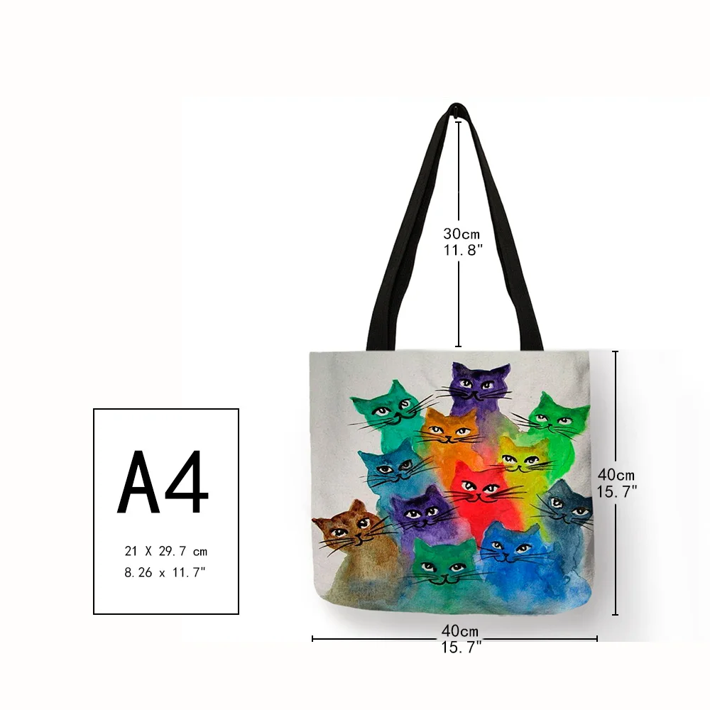 Ladies Girls Casual Portable Fashion Handbag Colorful Cartoon Cute Cat Kitten Printing Design Shoulder Bag Eco Linen Daily Totes