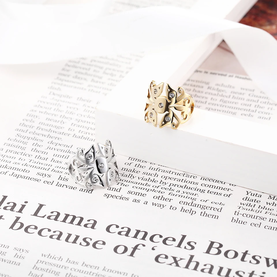 BORASI New Ring Feather Rings For Women Vintage Gold- Color Crystal CZ Zircon Stone Stainless Steel Engagement Bridal Jewelry