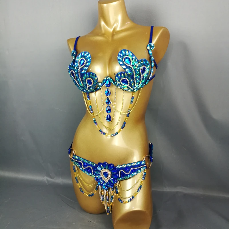 Sexy Samba Carnival Bra Belt 2 Piece Set For Women Rainbow Stone ROYAL BLUE free shipping