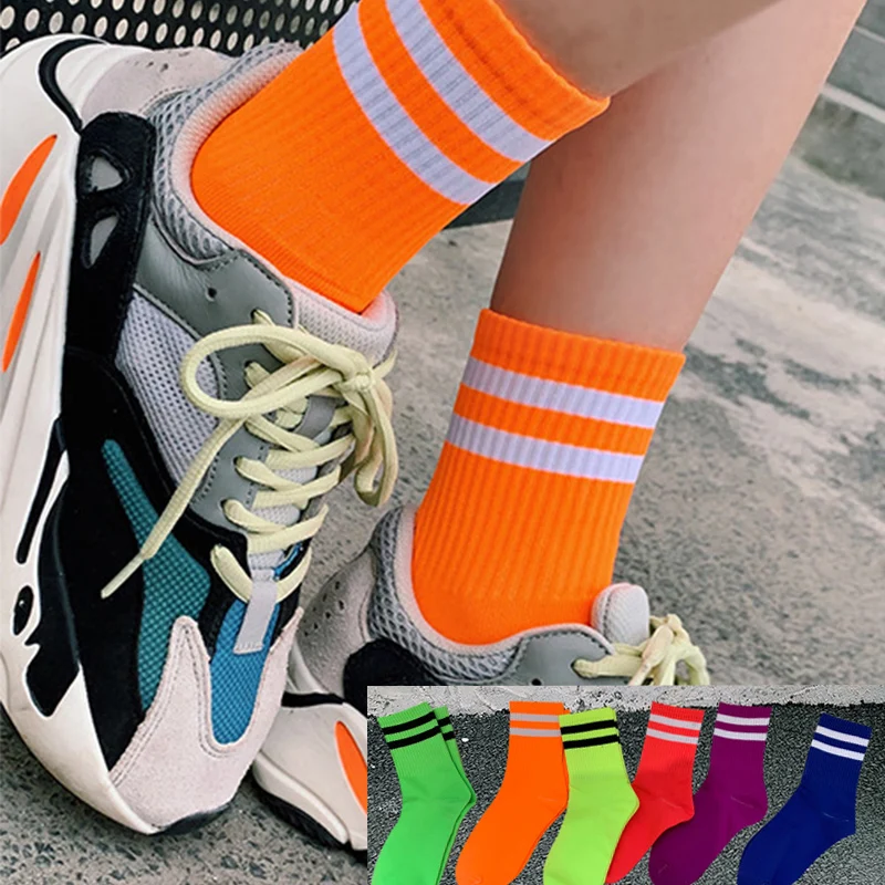 Stylish Pure Color Classic Stripes Casual Neon Socks Women Harajuku Fluorescence Green Short Socks Winter Cotton Socks Unisex