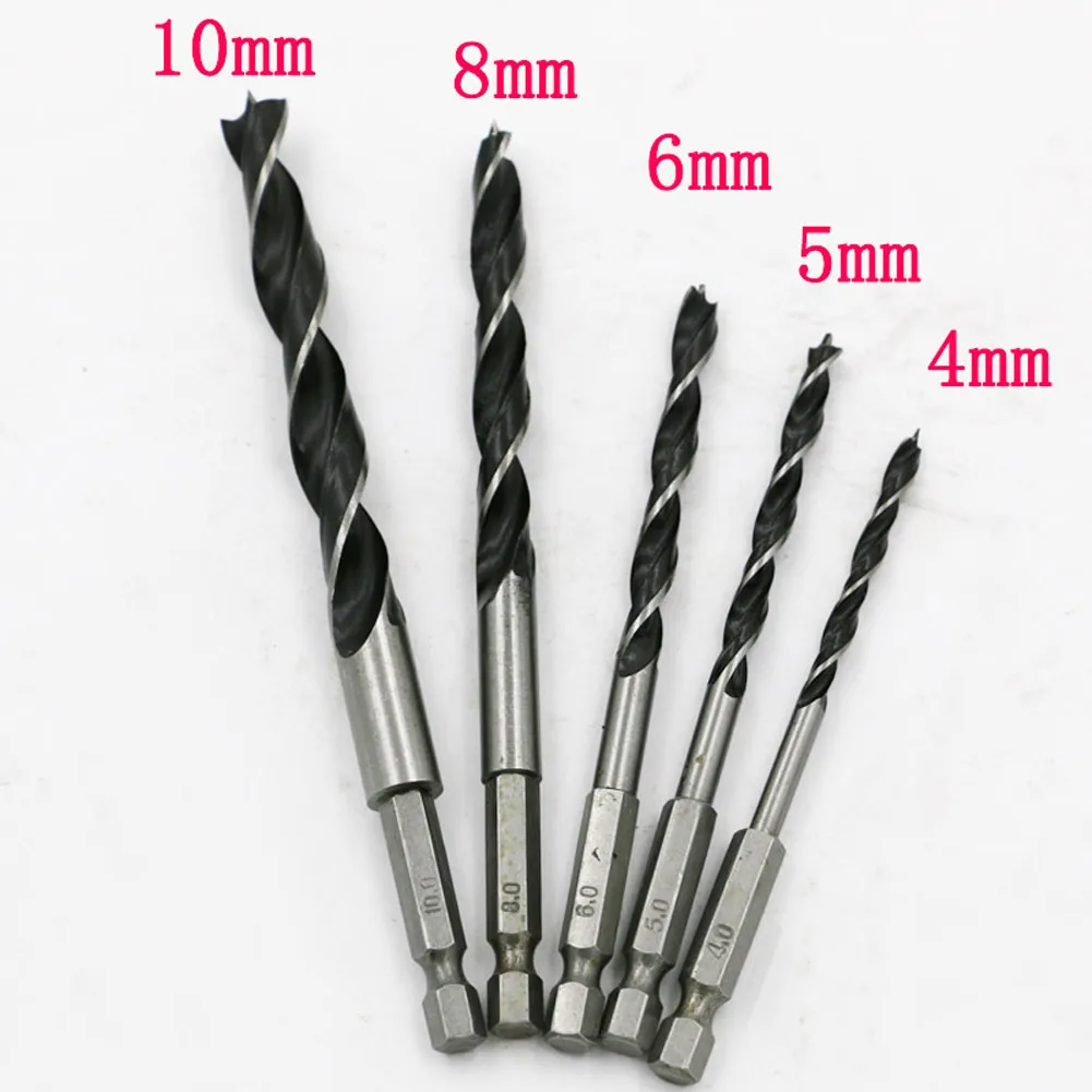 5PCS Wood Drill Bit Set 4mm 5mm 6mm 8mm 10mm 1/4" Hex Shank Wood Drill Bit Sets Twist Woodworking Hole Cut Reaming Cone Drill