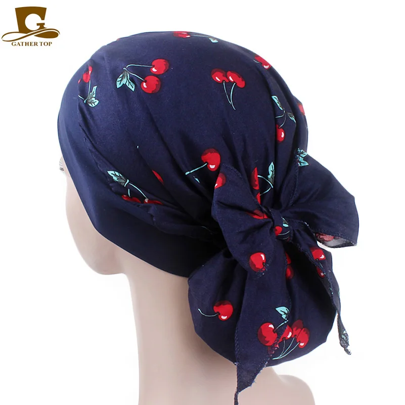 New fashion Vintage elastic women cotton head scarf chemo cap bowknot turban headband Sleeping Bonnet head wrap hair loss cap