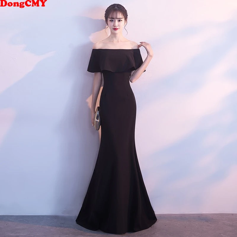 

DongCMY Formal Long Black Evening Dress Backless Boat Neck Mermaid Sweep Train Party Women Dresses